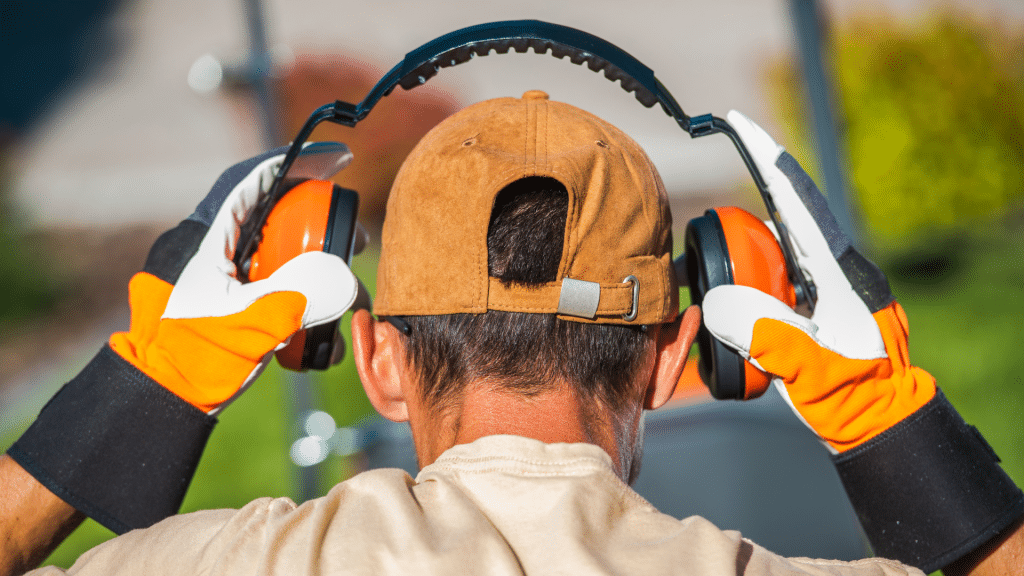 man faced away from the camera putting on ear muffs. Audiometric testing